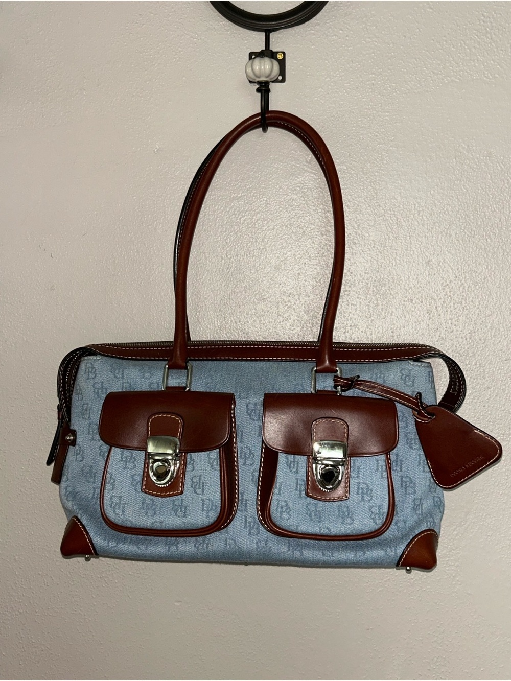Dooney & Bourke Light Blue Monogram Tote with Brown Leather Trim